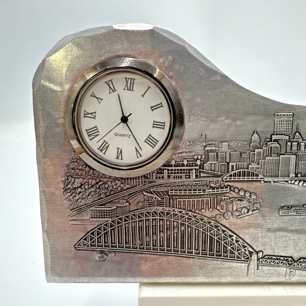 Pittsburgh Three Rivers‎ Skyline Pewter Desk Clock Allegheny Monongahela Ohio